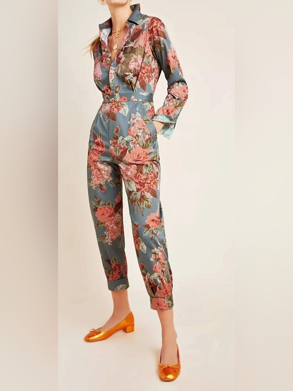 Anthropologie Green and Orange Floral Cotton Utility Jumpsuit - Size 2